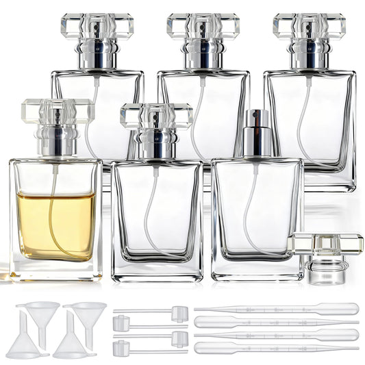 YU FENG Glass Perfume Spray Bottle Set, Refillable Fine Mist Atomizer for Fragrance, Daily Use & Organization – Square Glass, Silver Cap, 50ML, 6 Pack