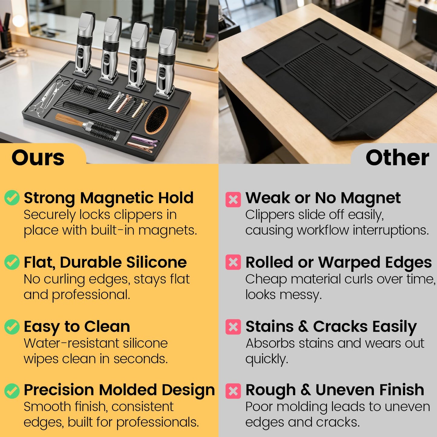 Magnetic Barber Mat for Clippers - Professional 4-Slot Tool Organizer Station with Strong Magnet, Non-Slip Flexible Silicone Mat for Barber Shop & Salon Accessories