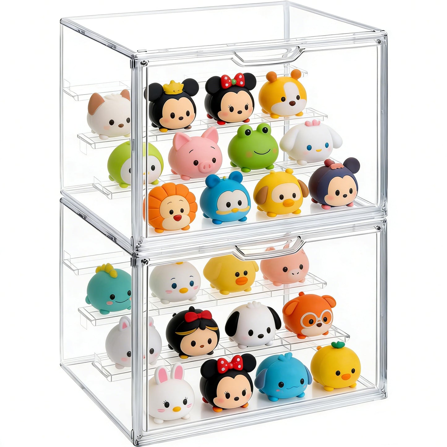 Clear Acrylic Display Case 2 Pack, Stackable 4-Tier Figure Showcase with 3 Movable Shelves, Interlocking Edges & Magnetic Door for Action Figures