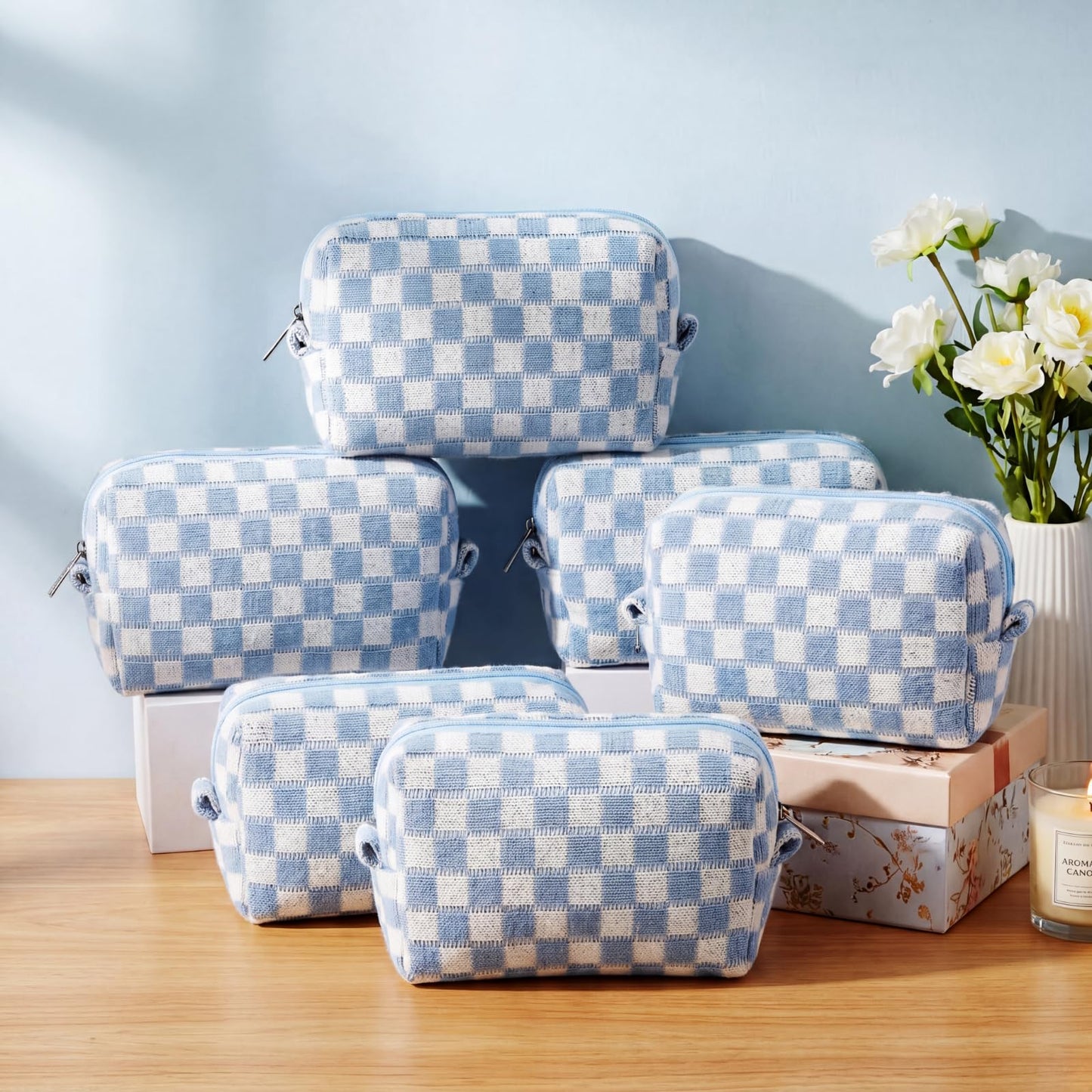 Gilprop 8 Pcs Checkered Makeup Bag for Purse Small Cosmetic Pouch Bulk Portable Zipper Makeup Pouch Travel Toiletry Organizer Gifts for Women Bridesmaid Wedding Party Favors (Blue)