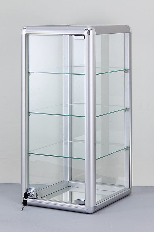StoreDisplays 3 Shelf Sturdy H Glass Display Countertop Aluminum Frame Tempered Glass Showcase- 14" L x 12" D x 27" H (Silver)