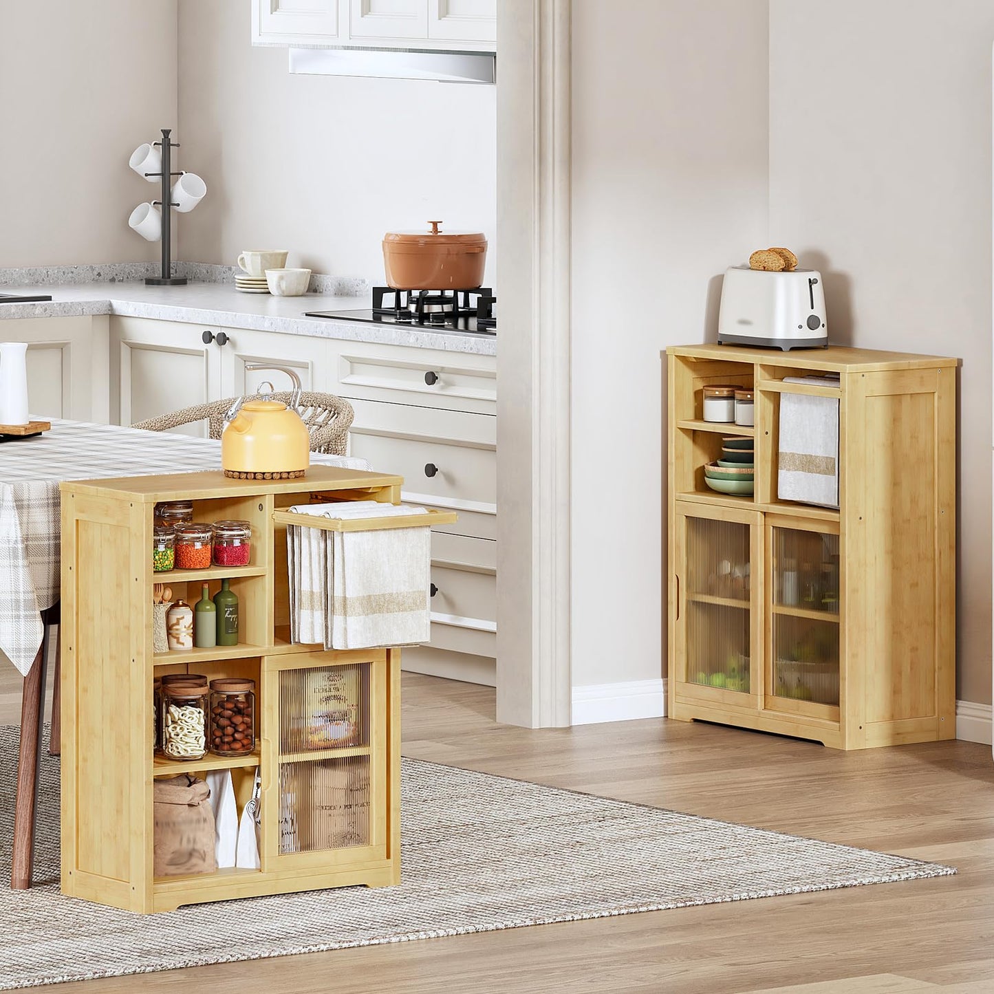 HOOBRO Bathroom Floor Cabinet, Small Bathroom Cabinet with 2 Doors, Floor Storage Cabinet, Bamboo Organizer Cabinet with Adjustable Shelves for Living Room, Dining Room, Entryway, Natural