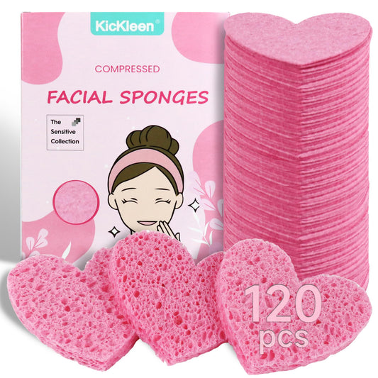 120-Count Kickleen Compressed Cellulose Heart Shape Facial Sponges | Natural Cosmetic Spa Sponges for Facial Cleansing | Exfoliating | Makeup Mask Removal | Reusable | Skin Massage (120 Count (Pink))