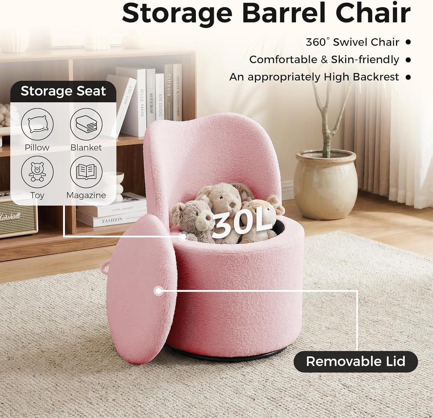 MilleLoom 360°Swivel Vanity Chair Dining Chairs with Storage,Upholstered Makeup Stool with Back, Sherpa Dining Chair, Swivel Accent Chair Barrel Armchair for Living Room Bedroom,Pink