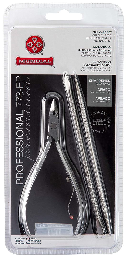 Mundial Nail Care 3 Piece Set - Professional Stainless Steel Cuticle Nippers with Double Nail Spatula and Pusher, Manicure, and Pedicure Trimmer Kit