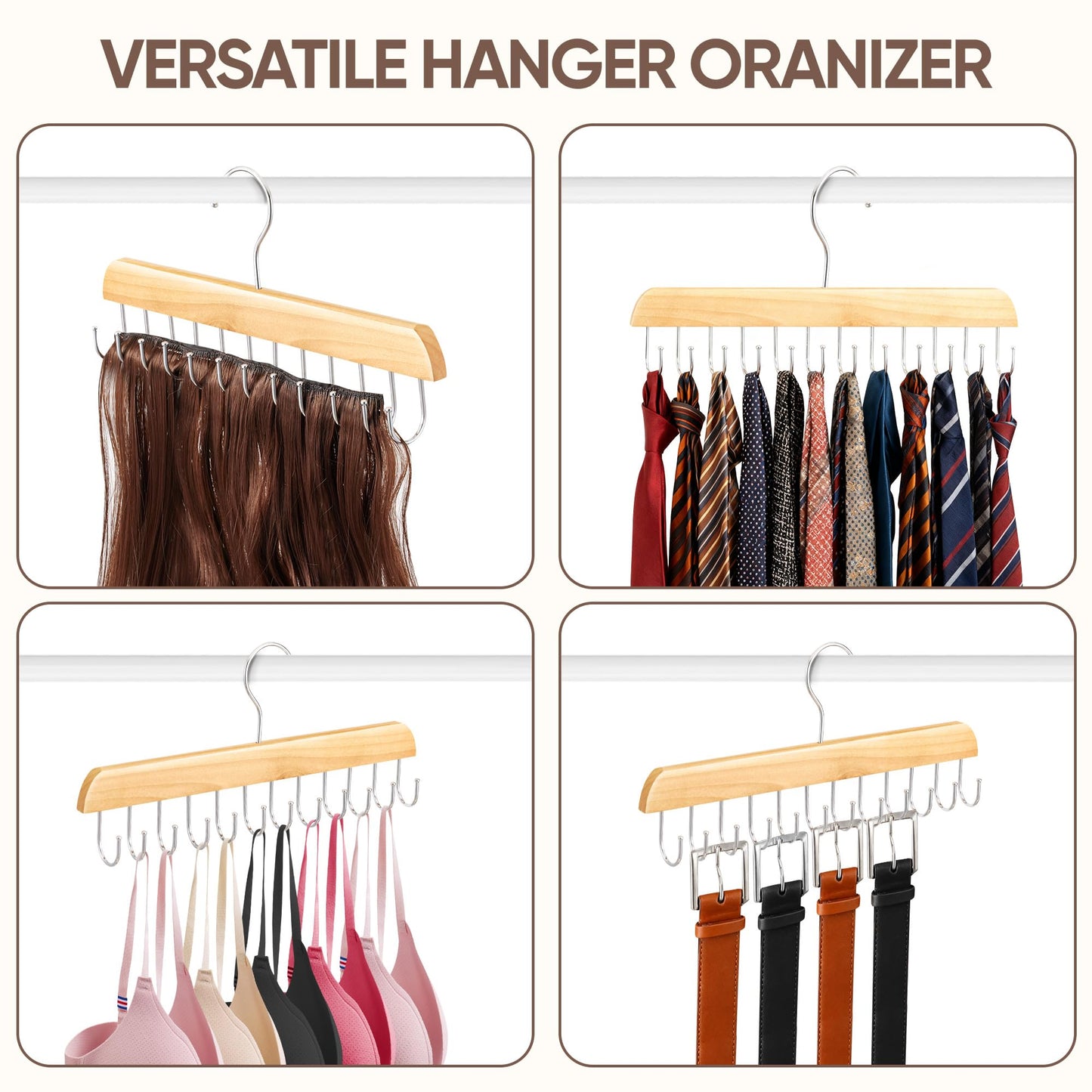 【2 Pack】 Wood Hair Extension Holder for Hair Storing, Washing, Drying, Coloring, Styling, Foldable Hair Extension Hanger, Braiding Hair Rack, Rotating Multi-Purpose Hooks Hanger