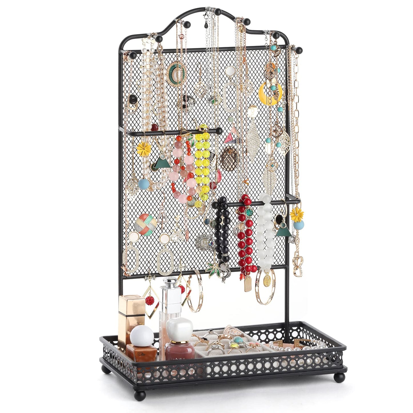 Meangood Black Jewelry Organizer Stand, Earring Holder Rack for Hanging Earrings Necklace Bracelets Watches Jewelry Display Large Rings Storage as Women Gift