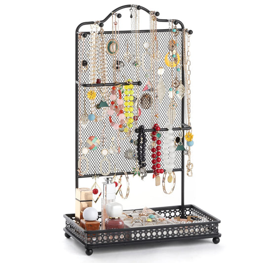 Meangood Black Jewelry Organizer Stand, Earring Holder Rack for Hanging Earrings Necklace Bracelets Watches Jewelry Display Large Rings Storage as Women Gift