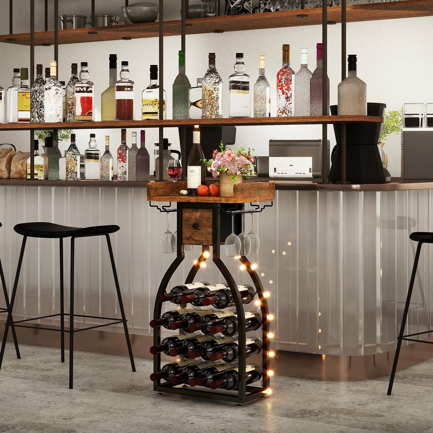 IBUYKE Wine Rack Freestanding Floor,Wine Storage 15 Bottles Bottle Rack with Glass Holders, Mini Bar Wine Cabinet with Storage Drawer for Home Bar Kitchen Dining Room,Rustic Brown,UTMJ908H