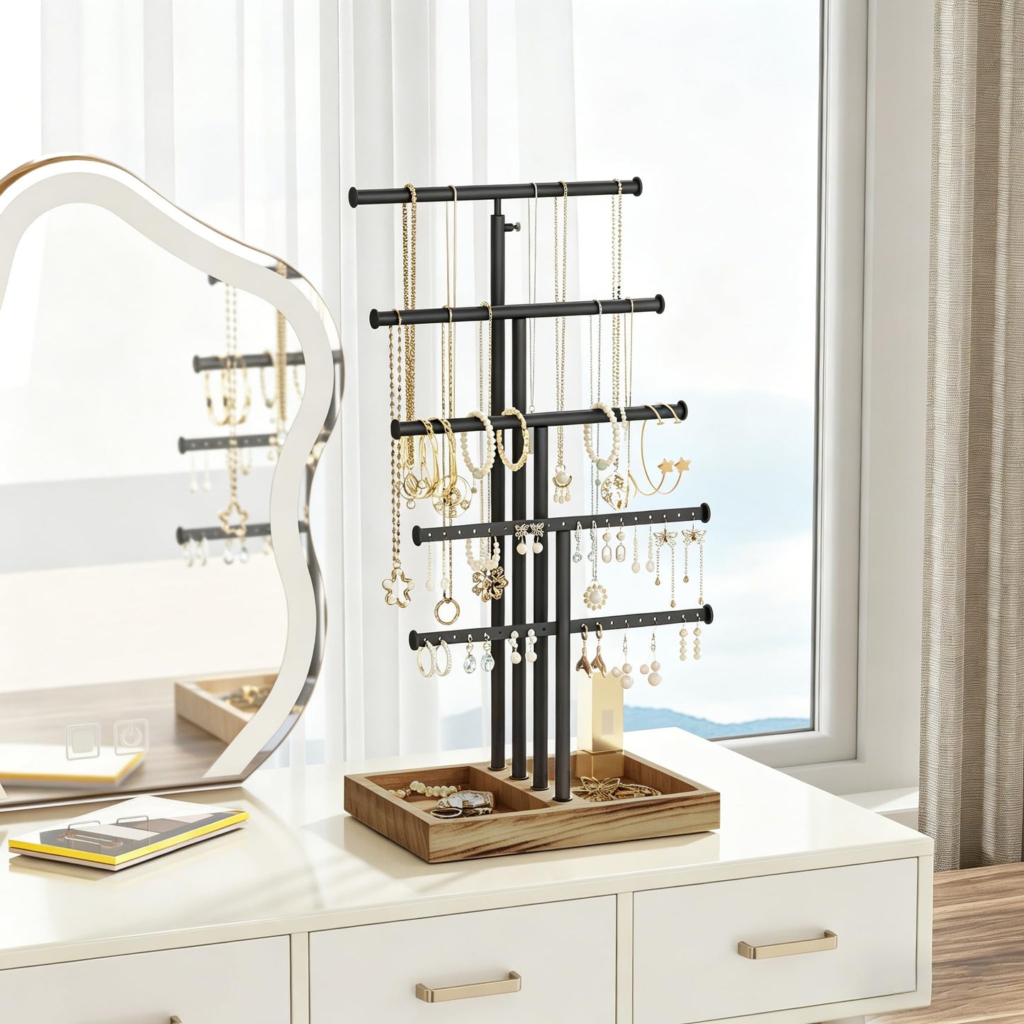 Love-KANKEI Jewelry Organizer Stand, 5 Tier Large Necklace Holder with Wood Base, Jewelry holder stand Tree for Display, Bracelets Earrings Rings, Height Adjustable Gift Carbonized Black & Black