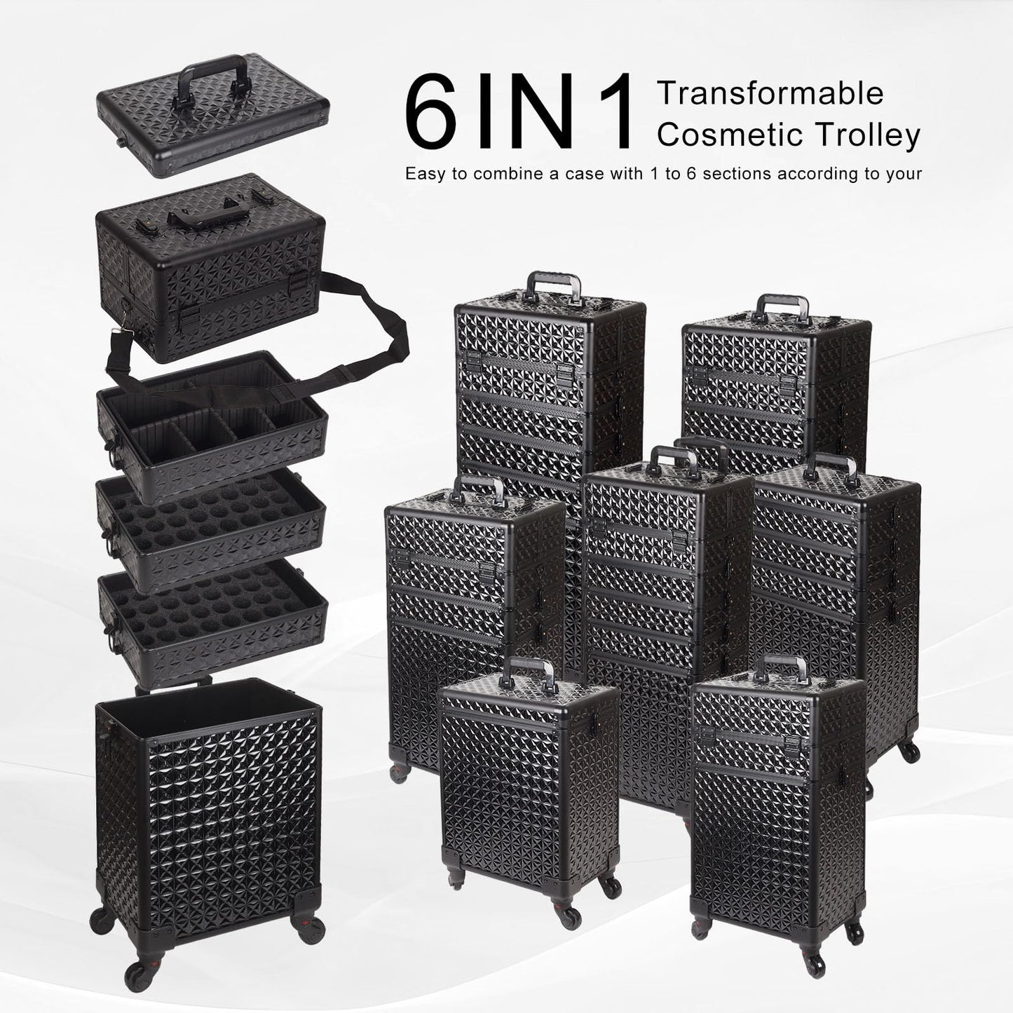 Rolling Makeup Train Case 6 in 1, Professional Cosmetic Trolley for Woman