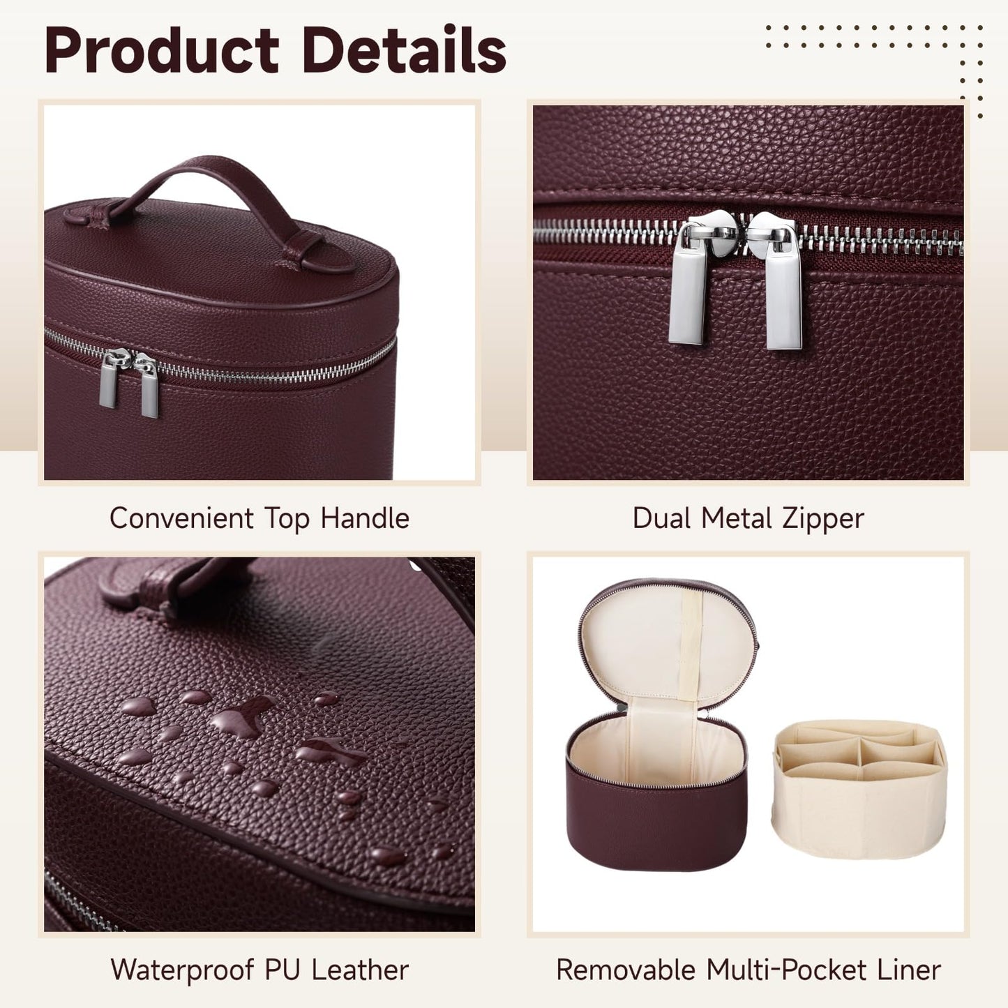 Makeup Vanity Bag for Women - Large Capacity Cosmetic Organizer with Removable Liner, Waterproof PU Leather Skincare Bag, Portable Chic Cosmetic Make Up Case for Skincare, Accessories, Burgundy
