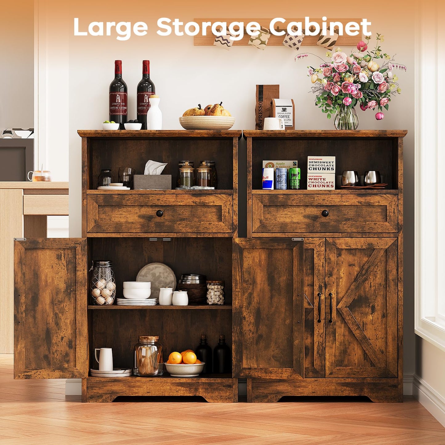 Viroformo Floor Cabinet, Farmhouse Storage Cabinet with Barn Doors and Drawer, 11.81" D x 23.62" W x 39.37" H Rustic Brown Freestanding Adjustable Shelf Organizer for Bathroom, Kitchen, Living Room