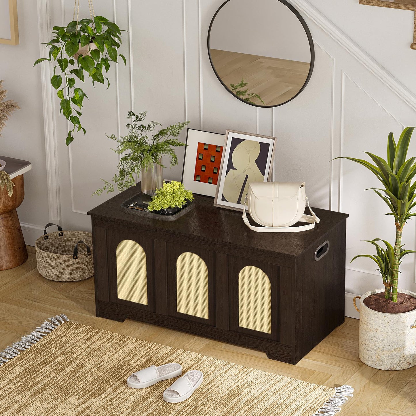 DINZI LVJ Storage Chest, 39.4" Rattan-Like Storage Box with 2 Safety Hinges, Wooden Entryway Shoe Bench with Flip-Top, Bedroom, Easy Assembly, Espresso and Natural