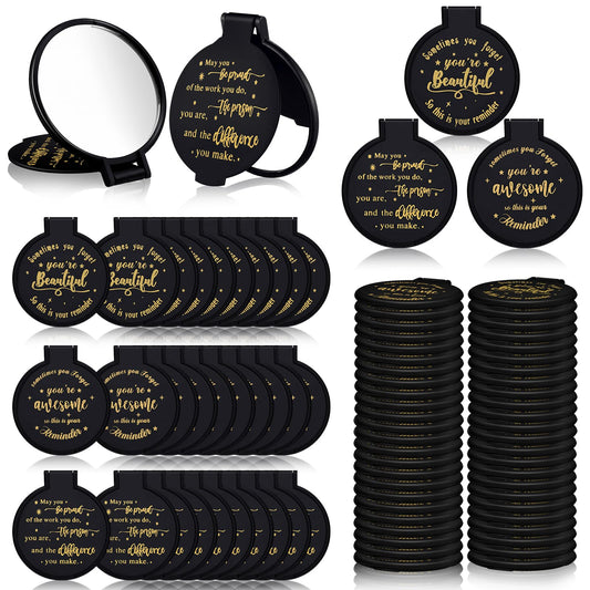 Wenqik 64 Pcs Inspirational Mini Compact Mirrors Bulk, Women Small Gifts Bulk, Group Team Party Favors, Mini Pocket Purse Mirror for Travel, Client, Guest, Wedding, Birthday, Cheerleader (Black)