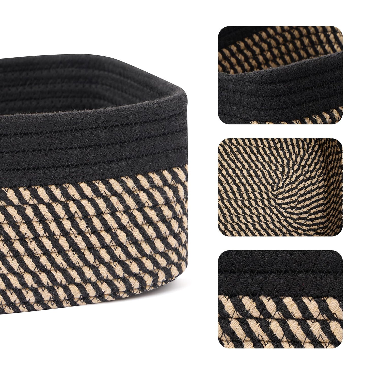MiniArk Small Storage Baskets for Organizing | Closet Organizer Bins | Shelf Toy Basket | Woven Rope Baskets | Cube Decorative Box | Shallow Basket | 11.5x7.5x4.7” | 3 Packs Black Brown