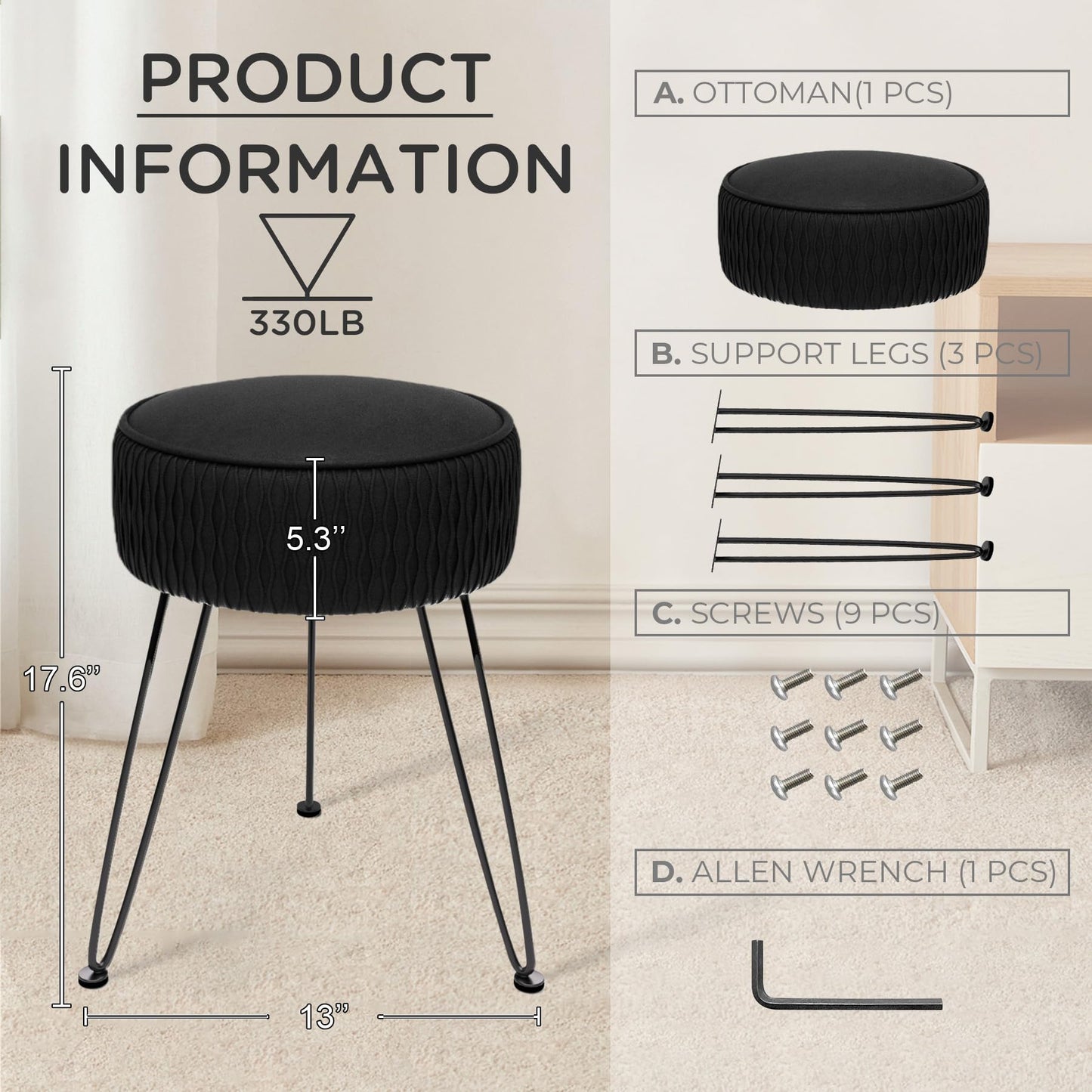 MOOWIND Velvet Vanity Stool Footrests, Round Ottoman Vanity Chairs with Anti-Slip Feet, Dressing Table Seat Foot Stool with Black Legs, Furry Padded Seat Side Table for Makeup Bedroom, Black