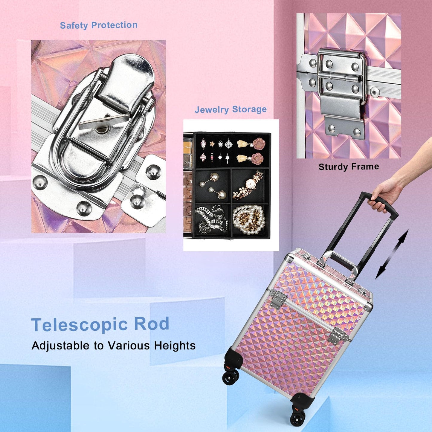 Stagiant Rolling Makeup Train Case Cosmetology Case on Wheels Travel Cosmetic Suitcase Trolley Makeup Luggage Storage Box 4 Tray with Lock Middle Layer Salon Nail Tech Cart Traveling Tattoo Case Pink