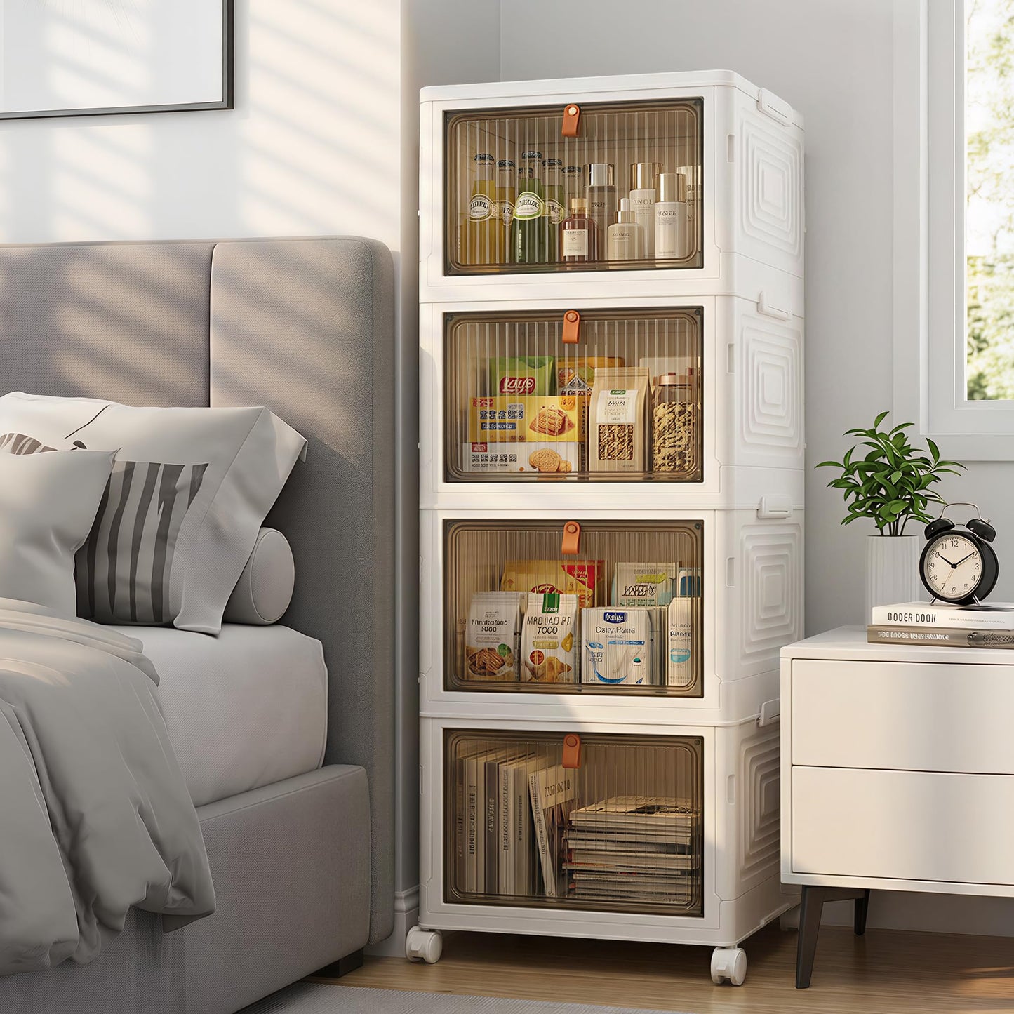LDQ 136Qt Large Storage Bins with Lids, 4 Tier Stackable Storage Cabinet with Wheels & Clear Doors, Foldable Plastic Closet Organizer for Bedroom, Bathroom & Kitchen