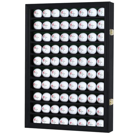 DisplayGifts 80 Golf Ball Display Case Cabinet Wall Rack Holder Solid Wood Frame with UV Protection Lockable Acrylic Door, Wall Mounted or Stand Great Golfer's Gift (Black Finish)