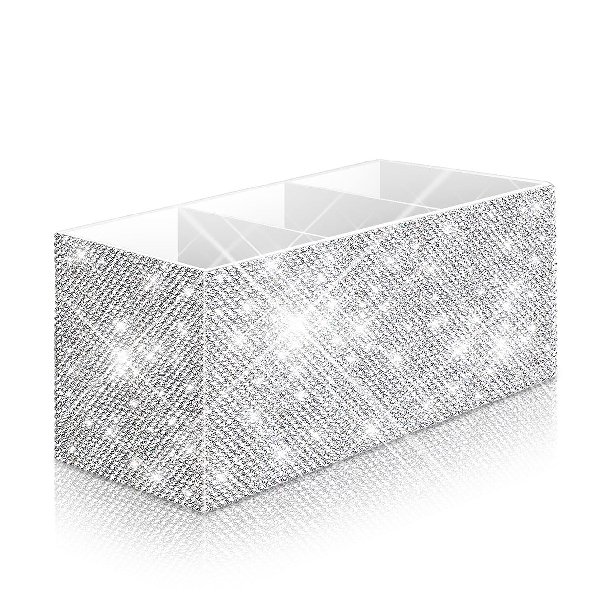 Bling Makeup Brush Holder Organizer, 3 Slot Sparkle Cosmetics Brushes Storage Holders with Shiny Rhinestones, Glitter Cute Pen and Pencil Holder for Desk, Eyeliners Display Case for Vanity（White）