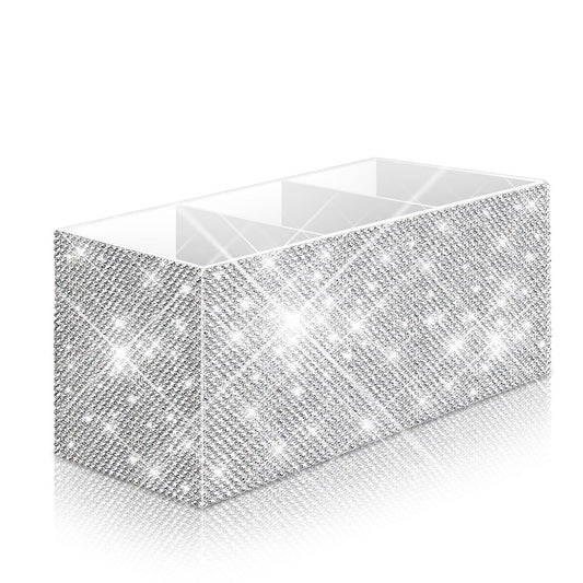 Bling Makeup Brush Holder Organizer, 3 Slot Sparkle Cosmetics Brushes Storage Holders with Shiny Rhinestones, Glitter Cute Pen and Pencil Holder for Desk, Eyeliners Display Case for Vanity（White）