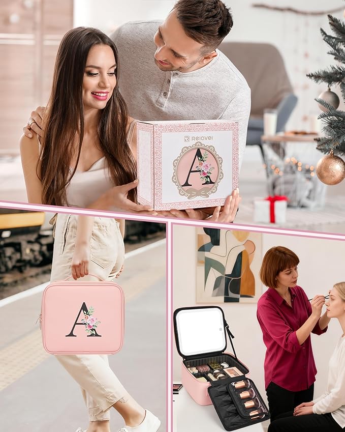 Relavel Initial Makeup Bag with LED Mirror for Women Girls, Personalized Travel Cosmetic Organizer Train Case, Birthday Gifts for Grandkids Bridesmaid Graduation Teacher Friends, Trendy Stuff, Pink L