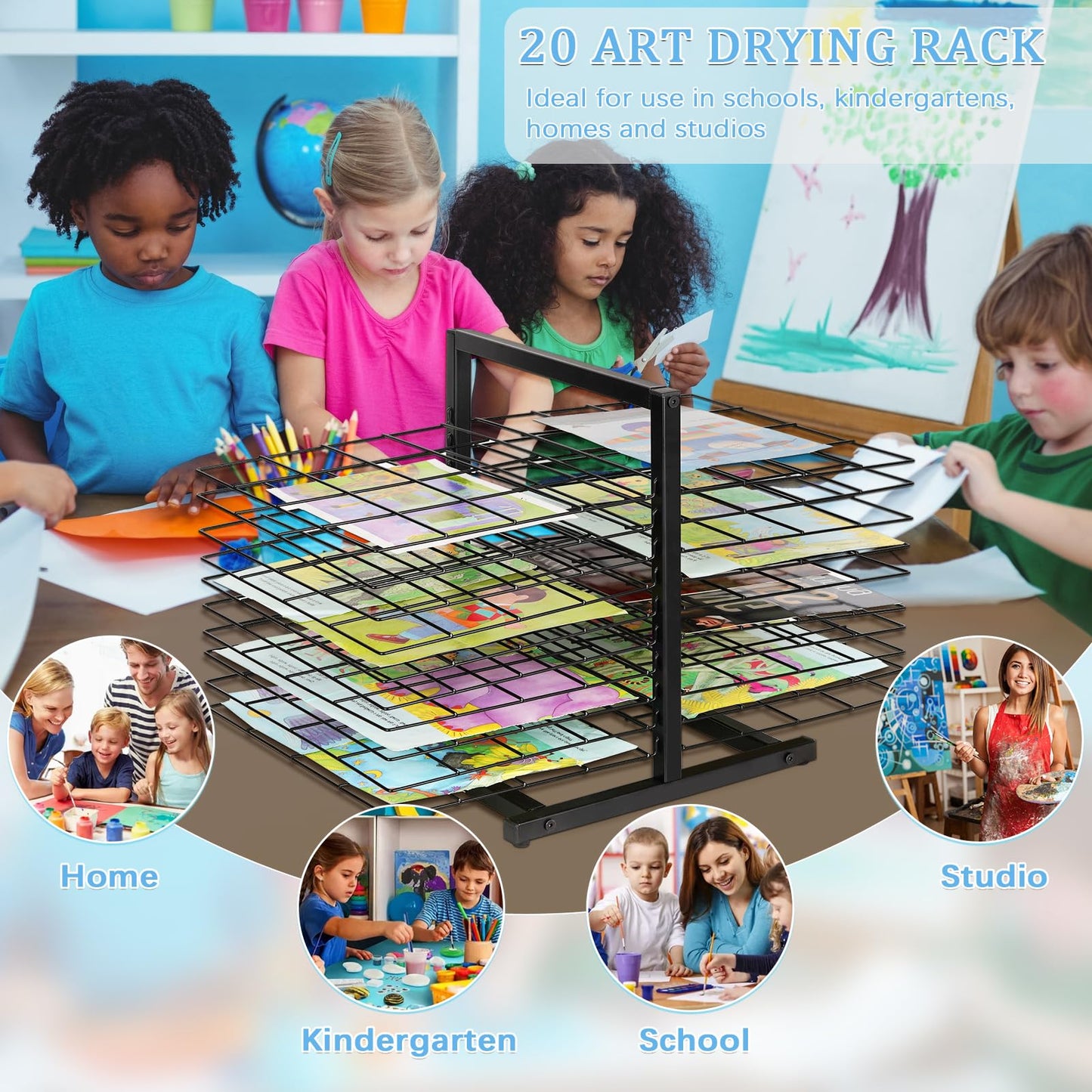 Lzttyee Art Drying Rack for Classroom Paint Drying Rack Art 20 Shelves Metal Desktop Artwork Storage Display for Classroom Painting Crafts (Black, 20 Shelves)