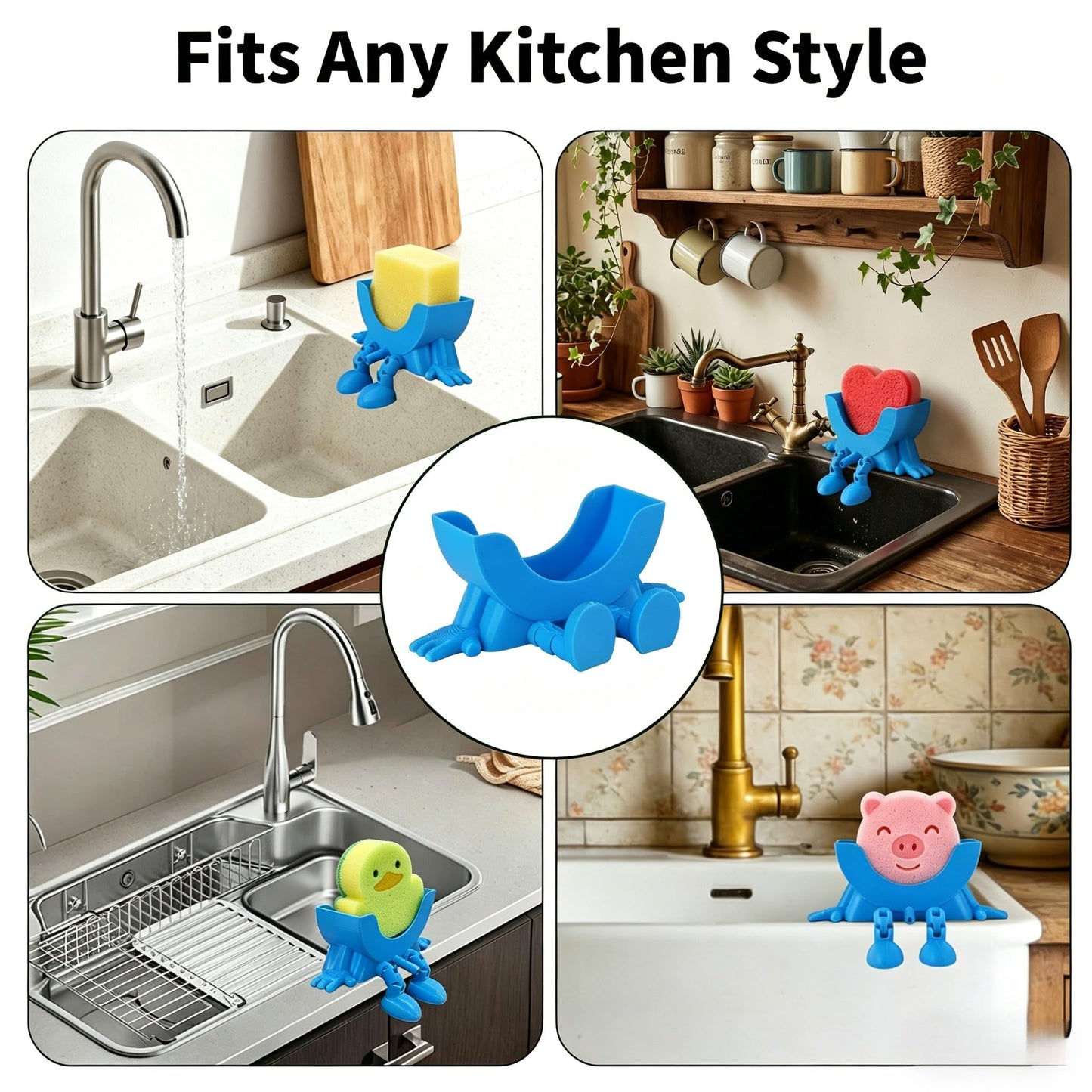 Cute Hanging Sponge Holder, Drainable Kitchen Sink Organizer, Scrub Sponge Stand Storage Rack with Smiley Design, Sink Accessories (Yellow)