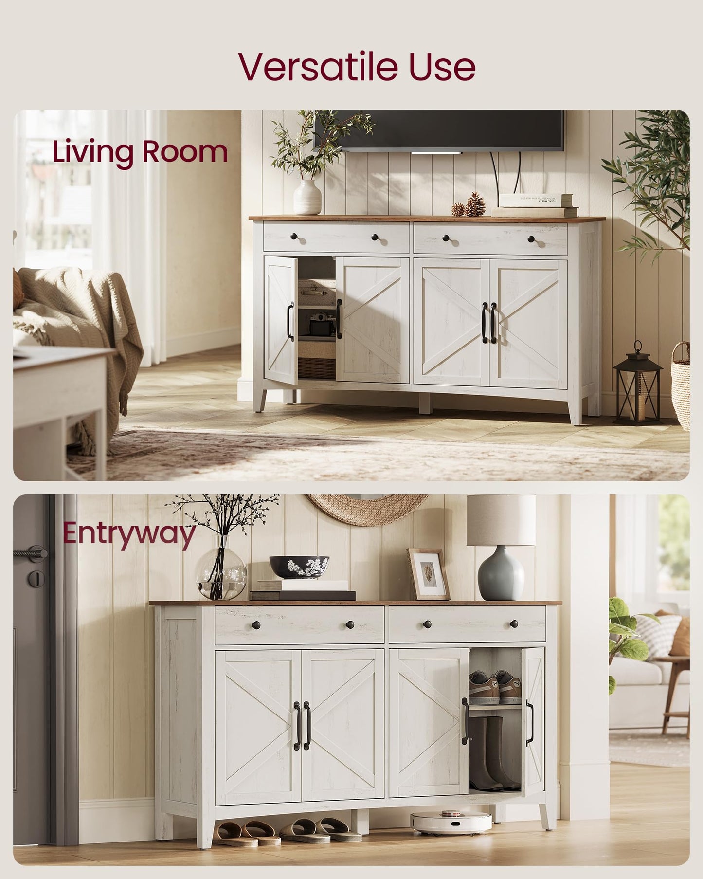 VASAGLE LIRY Collection - Buffet Cabinet, Coffee Bar Cabinet with 2 Drawers, Adjustable Shelves, Sideboard Storage with Cable Holes, Drawer Dividers, Rustic White and Honey Brown UBBK381WJ01S
