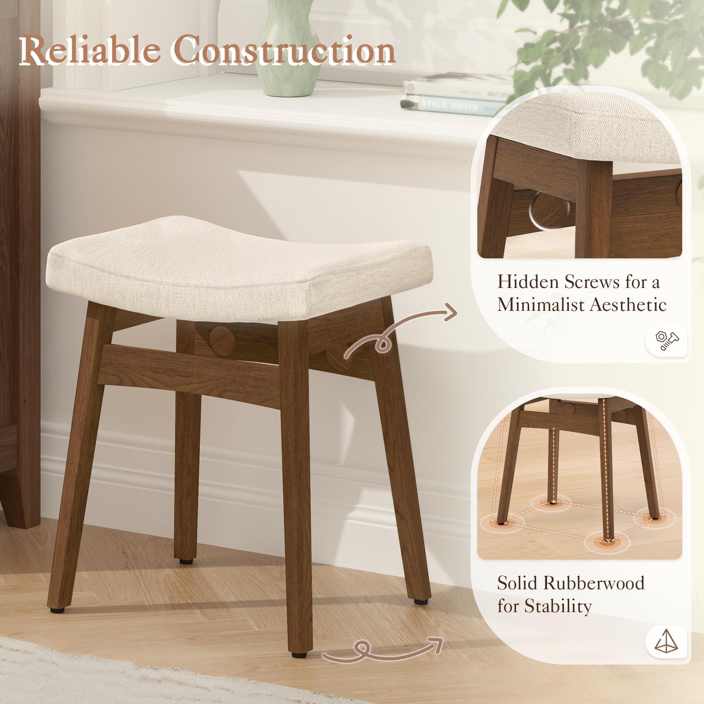 LUE BONA Solid Wood Vanity Bench Stool, 17.3" H Ergonomic Saddle Stool, 2'' Sick Upholstered Vanity Chair for Makeup Room, Bedroom & Bathroom, 300lbs, Linen