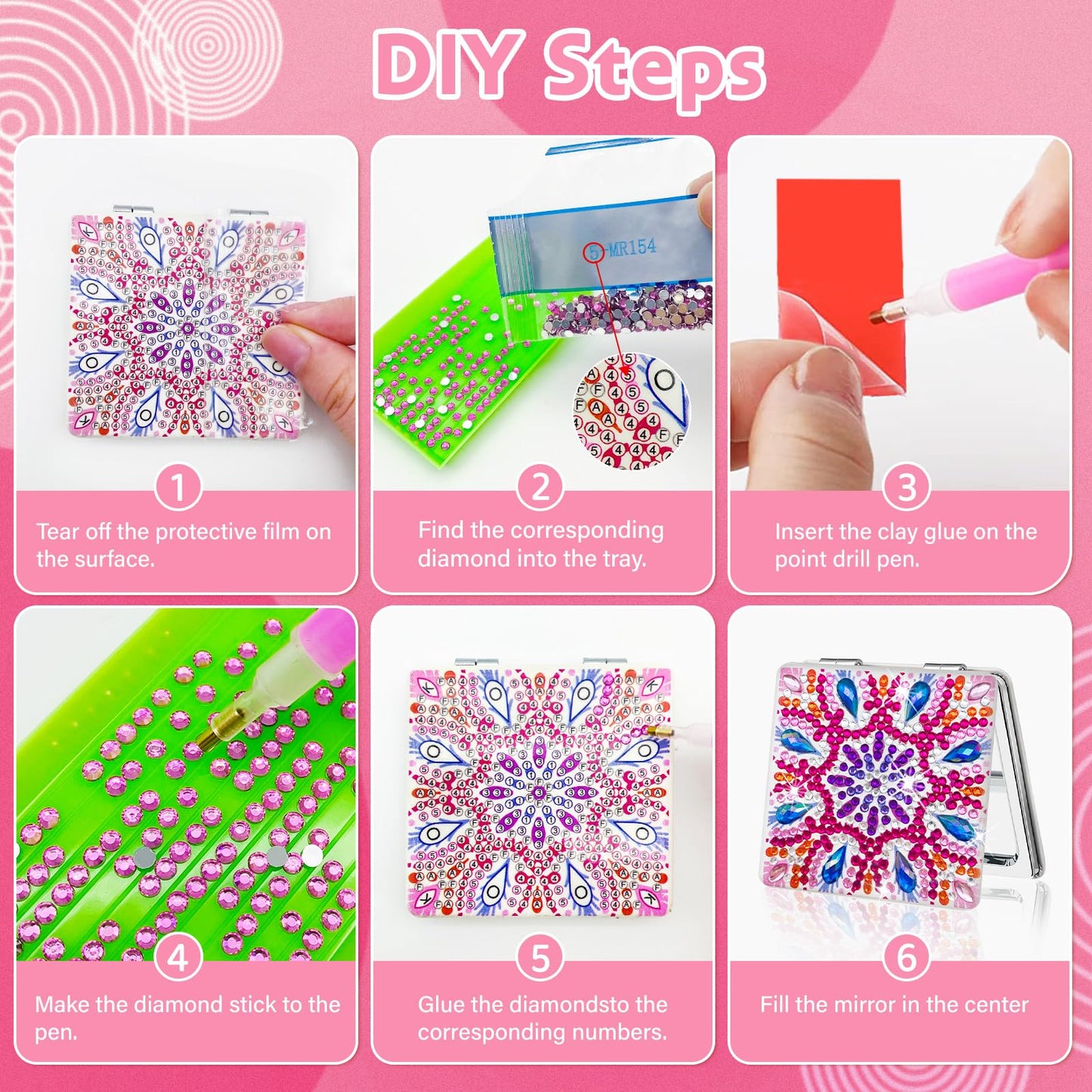 FILASLFT Diamond Painting Compact Mirror,Diamond Art Mirror,4 Pcs Makeup Mirror Pocket Cover Portable Magnifying Folding Purse Mirror,Christmas Birthday Gifts for Women Girls(Mandala)