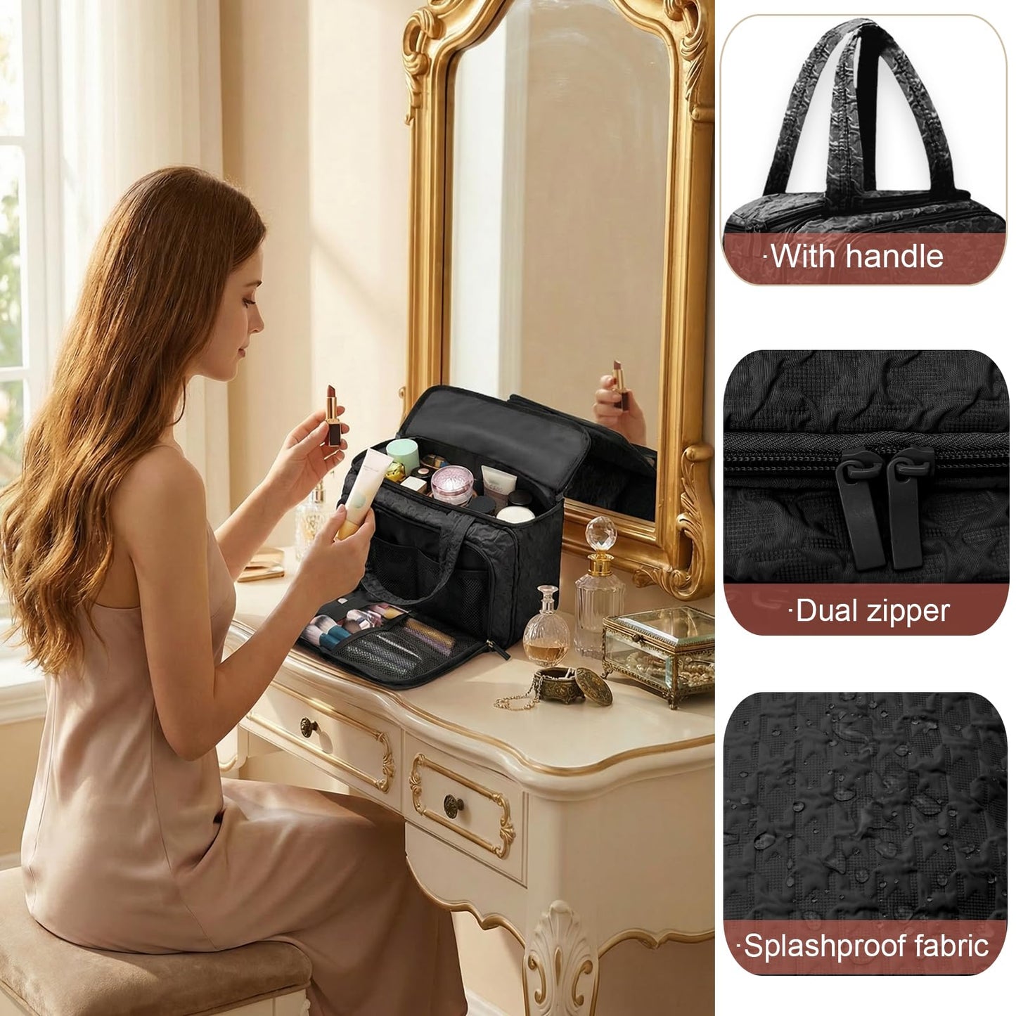 SMONT Toiletry Bag for Women Travel, 11.5" Large Makeup Organizer Toiletries Bags, Big Cosmetic Skincare Cosmetiquera Black