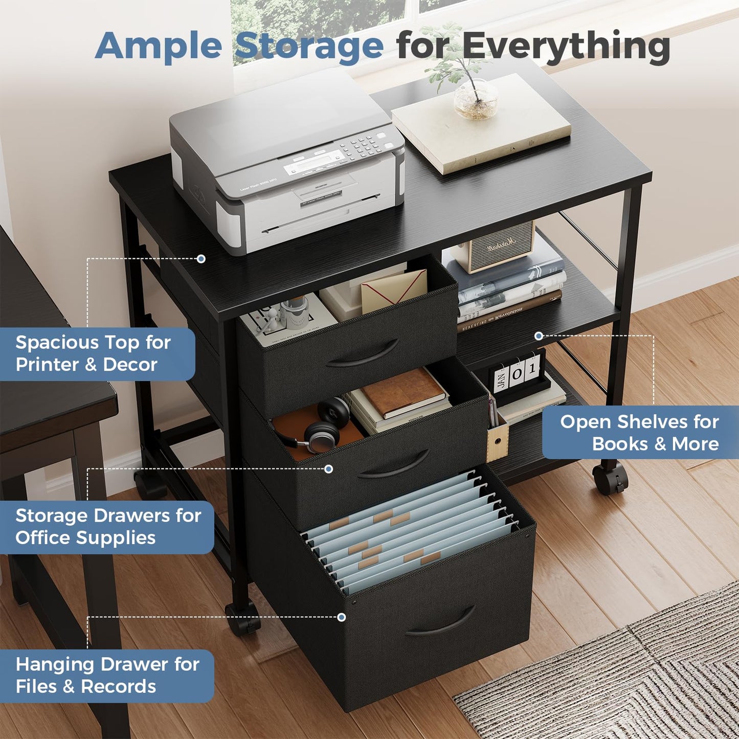 DUMOS 3-Tier Mobile File Cabinet, Printer Stand with Storage, Office Table with Drawers and Back Support Bar, Holds 110lbs for Home Office, Rustic Black