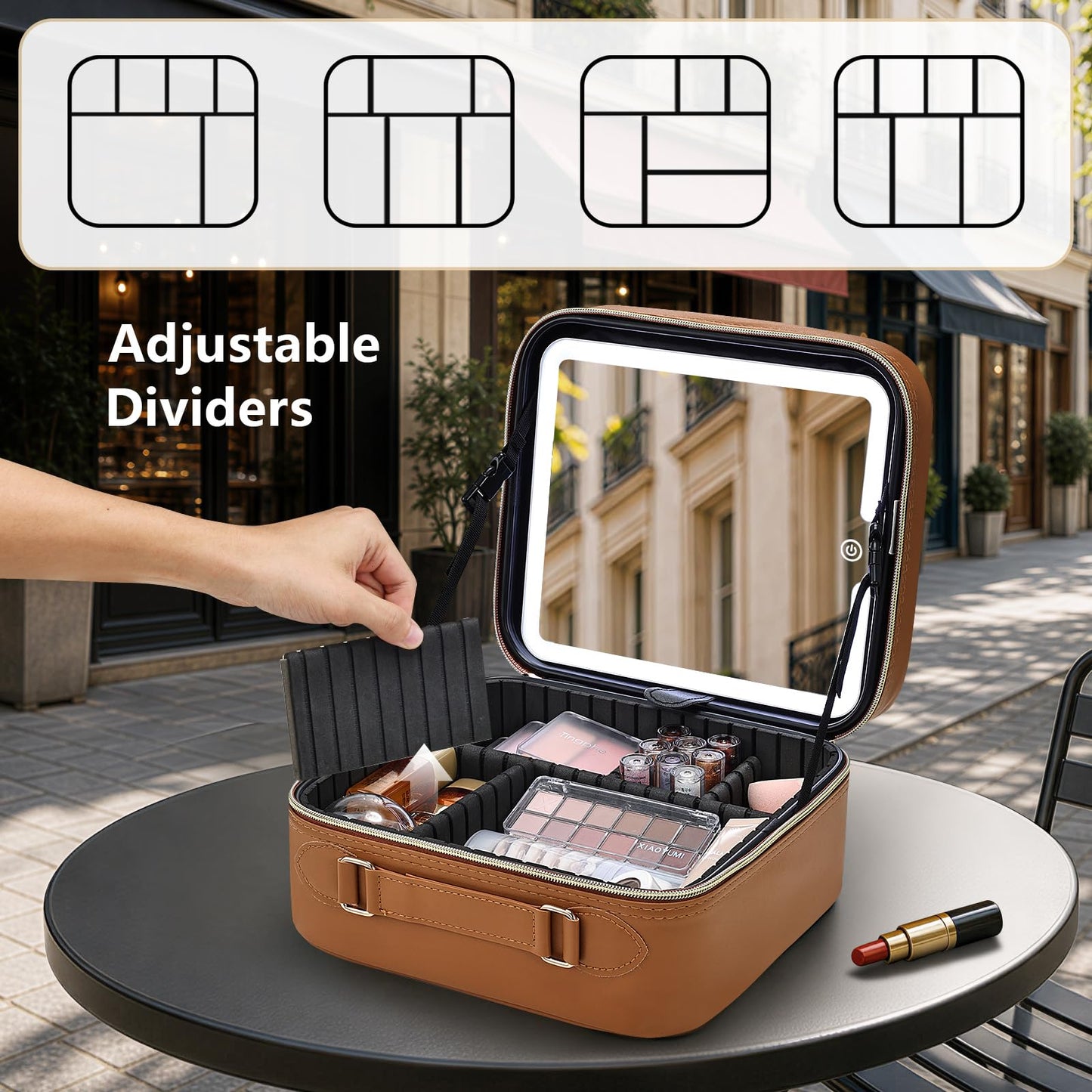 Faquenc Makeup Bag with LED Lighted Mirror 10.2-in Travel Makeup Bag Train Case Adjustable Brightness in 3 Colors Cosmetic Organizer Case Artist Storage Bag with Dividers Brush Holder Bag Vanity Brown