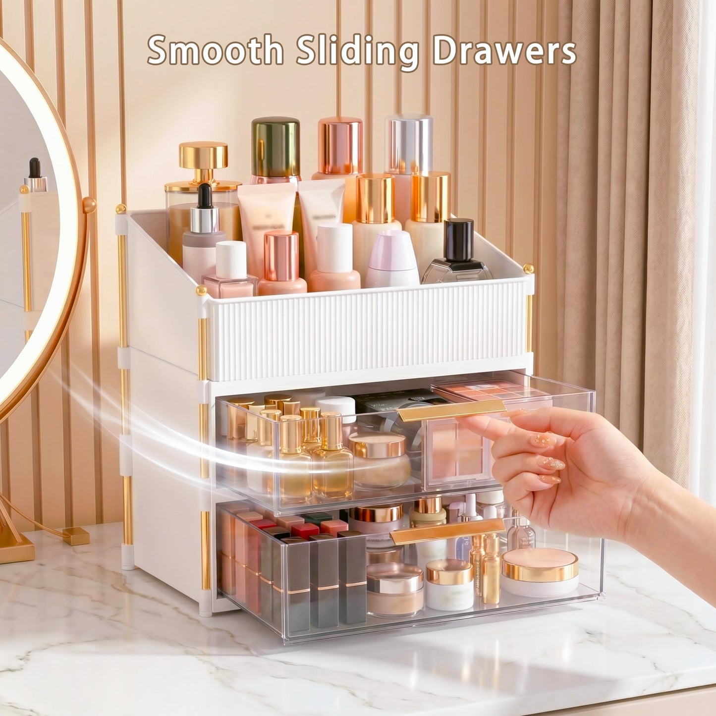 Asdbko Large Capacity Makeup Organizer Countertop with Brush Holder, Vanity Skincare Perfume Storage Box for Bathroom, Mother's Day Birthday Anniversary Teen Girl Gifts for Women Mom