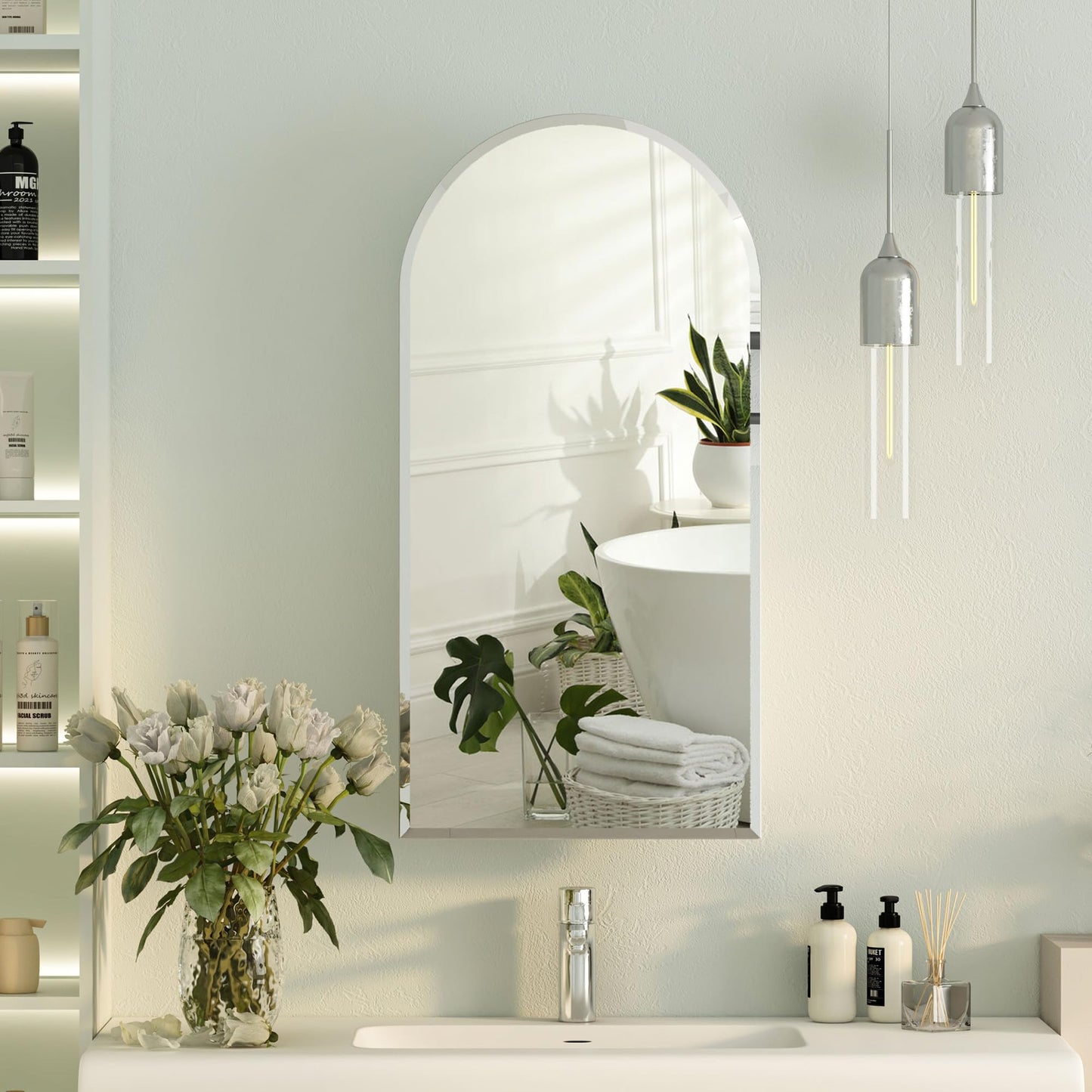 Mepplzian Beveled Edge Arched Recessed Medicine Cabinet with Mirror,Frameless Arched Mirror Medicine Cabinet for Bathroom,Mirrored Cabinets for Bathroom Wall Cabinet with 3 Glass Shelves,16x31