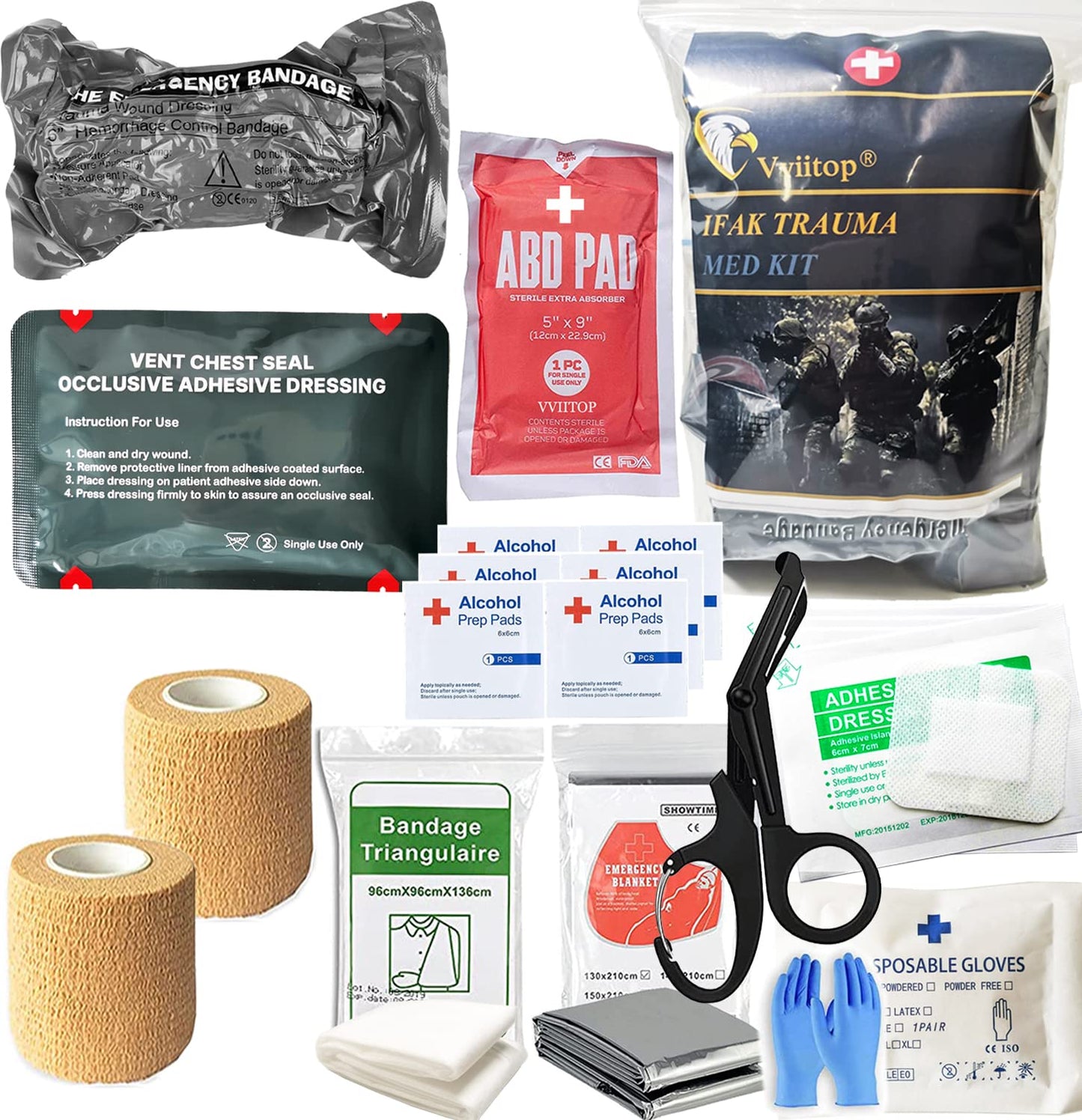 VVIITOP Trauma Refill Kit Med Pack IFAK First Aid | Vented Chest Seal | Israeli Bandage | ABD Pad | Self-Adhesive Bandages | Compressed Gauze | Bleeding Control Pack Feat Med Kits (Intermediate)