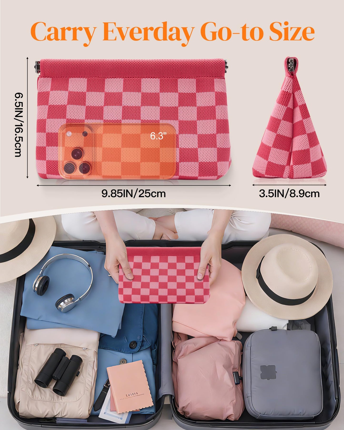 bohunono Small Makeup Bag for Purse,Cute Travel Makeup Pouch, Perfect Cosmetic & Toiletry Bag for Women, Lipstick Case & Brush Holder, Mini Vanity Organizer(LA_Black-Beige)