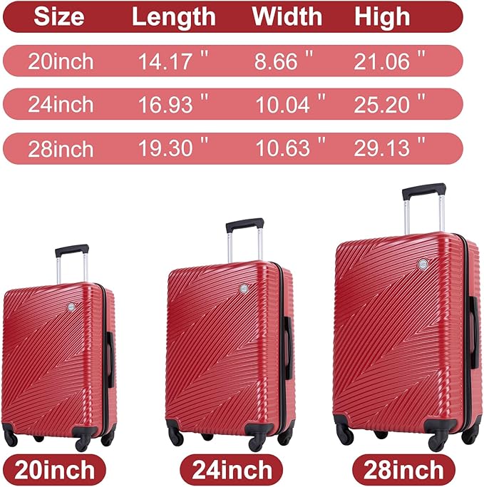 Travelhouse Luggage Sets, Expandable Hardside Suitcases 24in/28in, Carry on 20in,3 Piece Set Travel Luggages Clearance with Double Spinner Wheels TSA Lock Lightweight (RED)