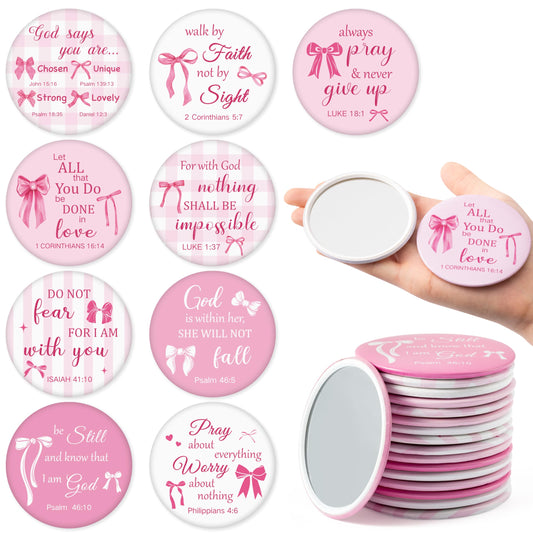 Y1tvei Bow Bible Compact Mirrors - 36Pcs Bowtie White Pink Bible Verse Mini Compact Mirrors, Bow Knot Small Portable Round Pocket Mirror Christian Inspirational Church Party Favors Gifts for Women