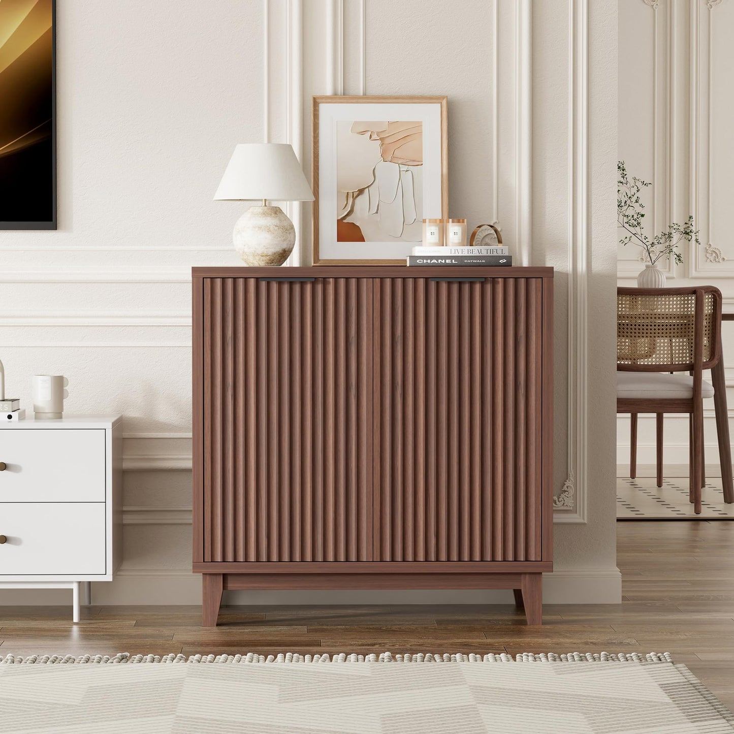 Fluted Cabinet with Storage, 2 Doors Sideboard Buffet, Mid Century Modern Accent Cabinet with Adjustable Shelves, Multifunctional Console Table with Storage for Living Room, Kitchen, Entryway
