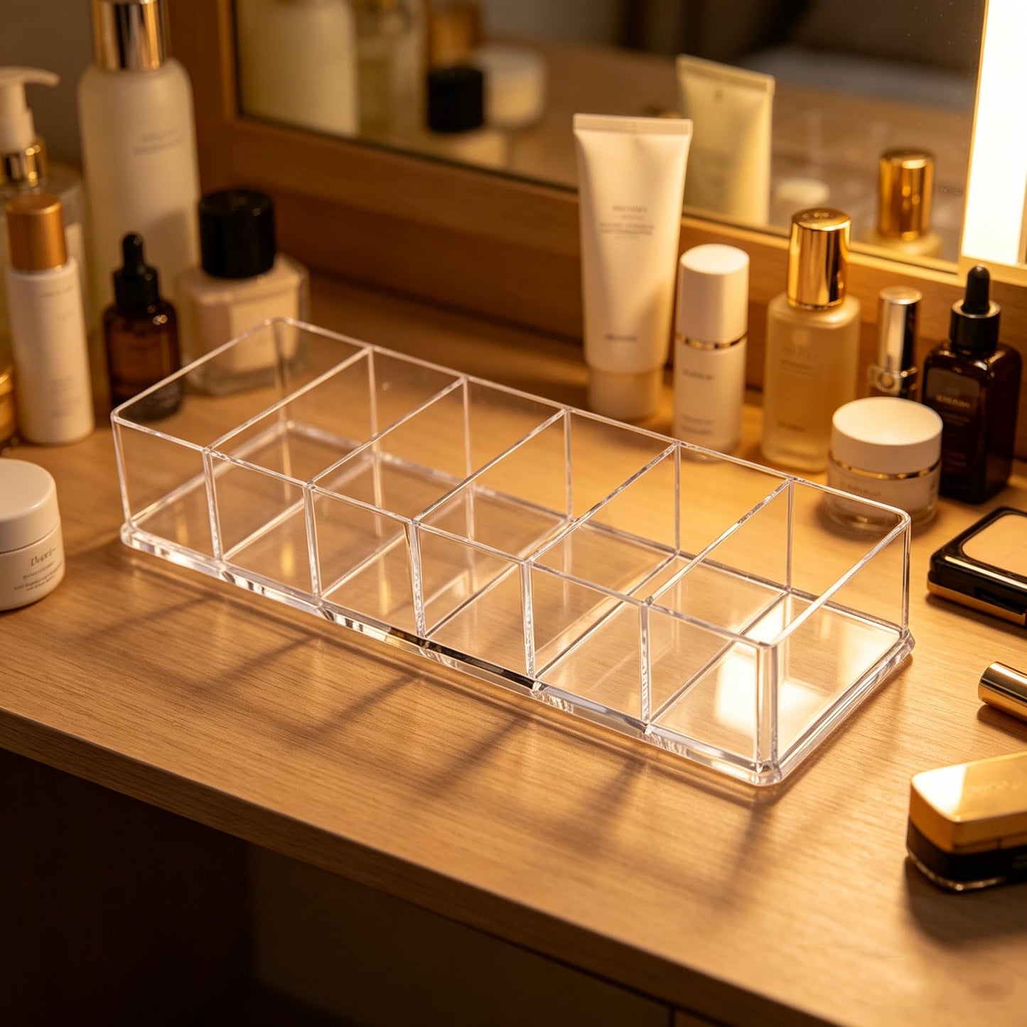 DYMSUP 6-Compartment Clear Acrylic Organizer with Detachable Dividers, Eyeshadow Palette & Cosmetic Holder for Vanity Drawer, Cosmetic Station & Makeup Desktop