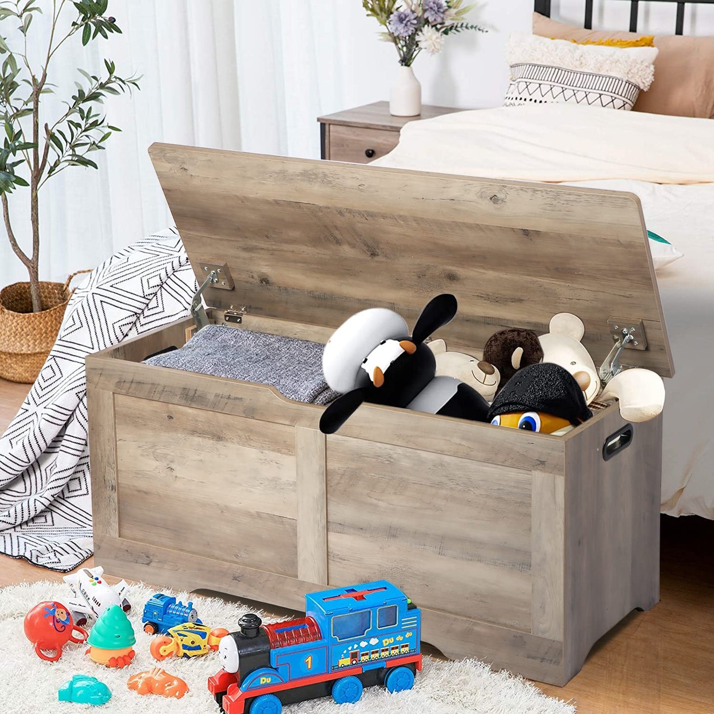 Timberer 39.4" Storage Chest, Wooden Storage Bench, Lift Top Toy Chest with 2 Safety Hinges, Large Toy Box, Entryway Bench for Living Room, Bedroom, Grey
