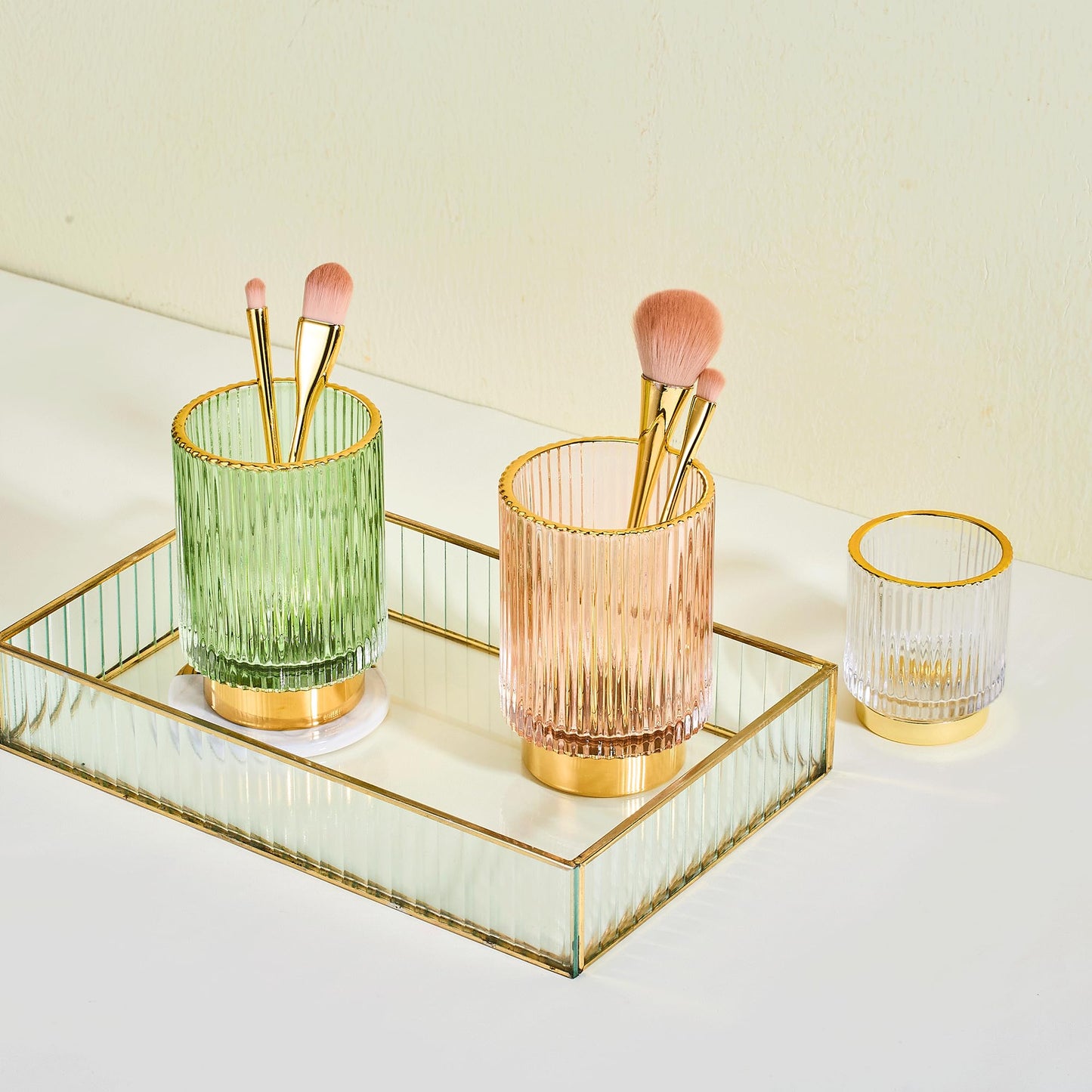LEICURACE Makeup Brush Holder Organizer,Toothbrush Holders,Desk Pen Pencil Holder,Multifunctional Vintage Glass Brush Cup（L/Green/A3-6-US）