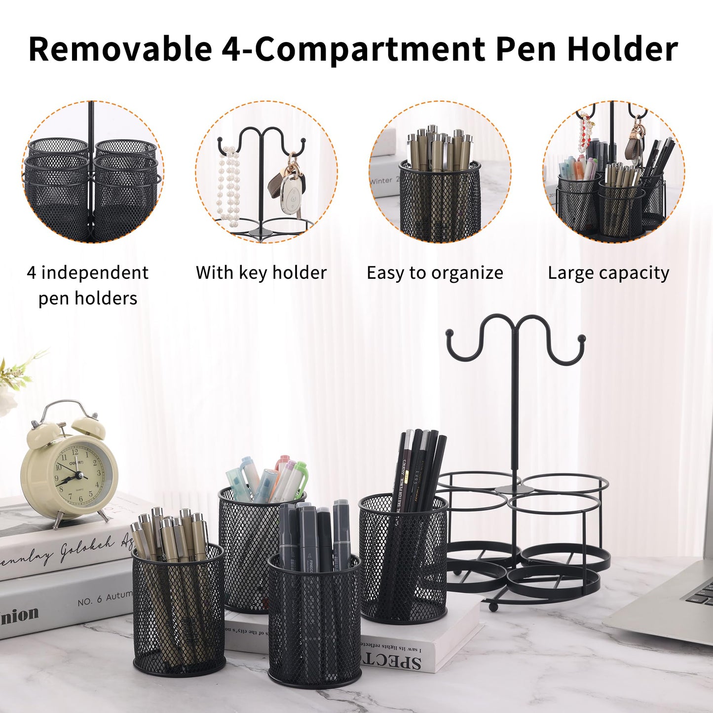 ifory 360° Rotate Makeup Brush Holder Organizer, 4-in-1 Metal Mesh Makeup Organizers Countertop with Jewelry Rack, Makeup organization and Skincare Storage for Vanity, Desktop, Bathroom (Black)