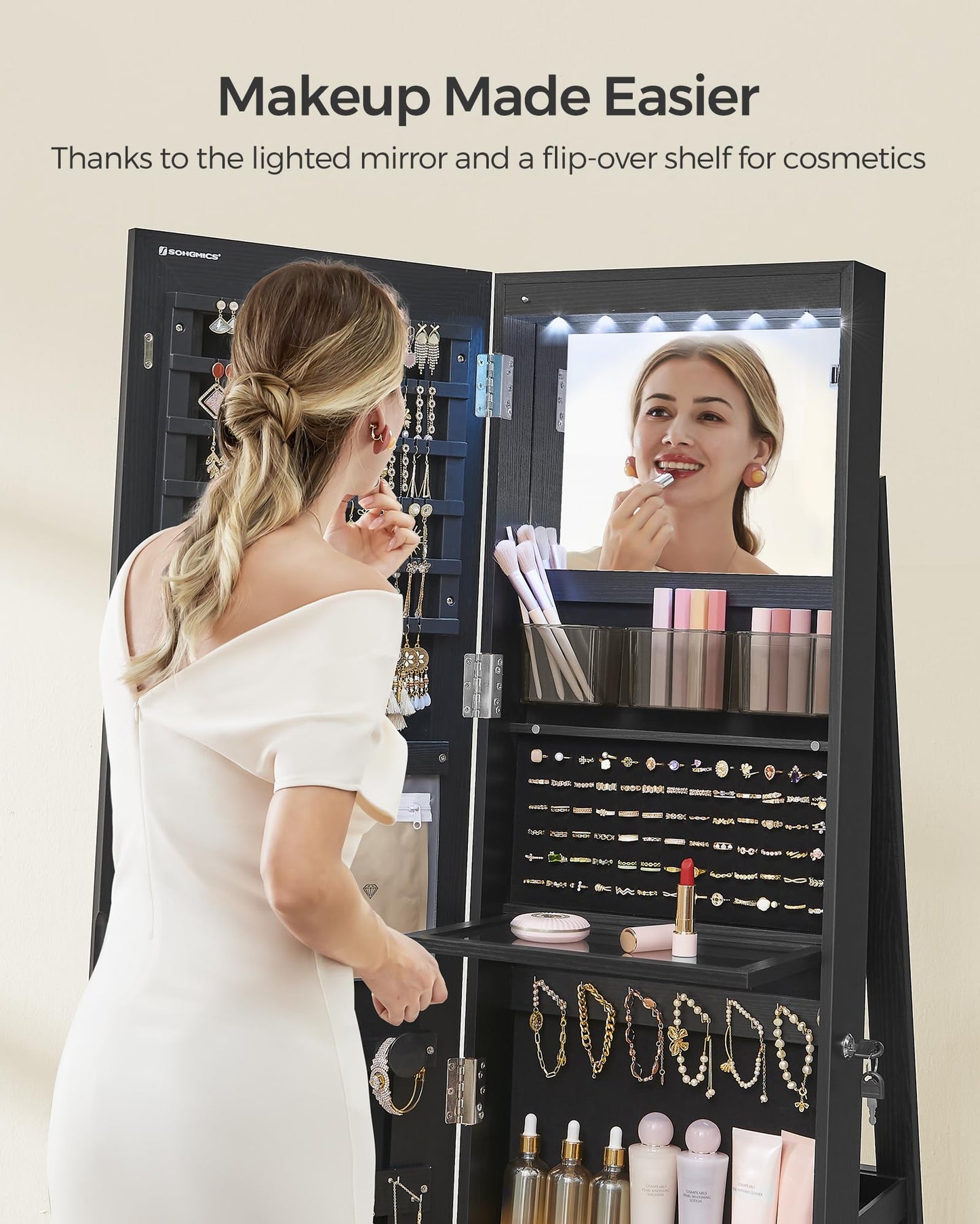 SONGMICS LED Jewelry Cabinet Standing, Lockable Armoire With Full-Length Mirror and Adjustable Lights, Space-Saving Organizer, Gift Idea, Ink Black UJJC008B01