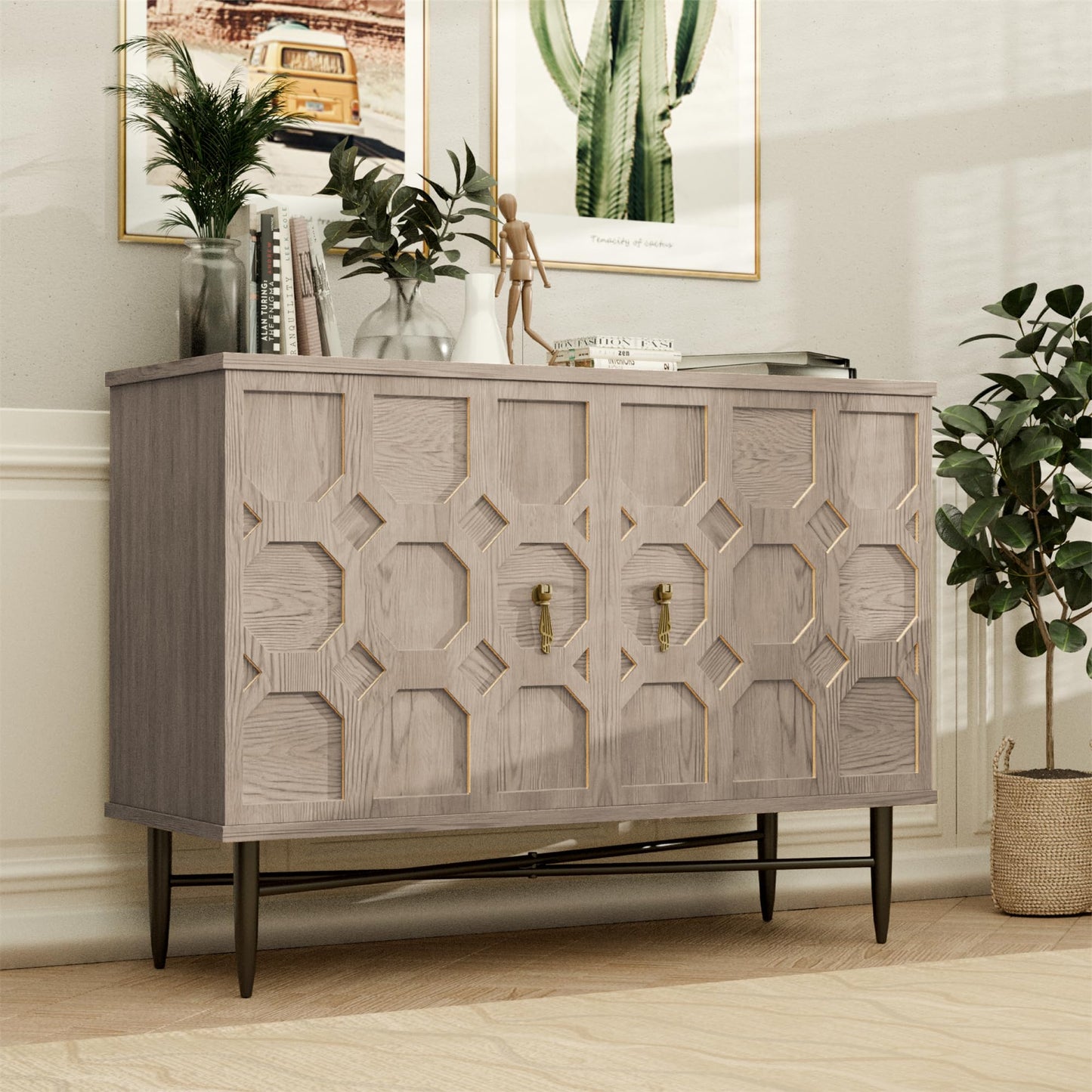 NEDYO Carved Decorative Storage Cabinet, Fluted Wooden Buffet, Sideboard with 2 Doors & Adjustable Shelf, Accent Cabinet for Living Room,Entryway, Kitchen and Dining Room. Oak