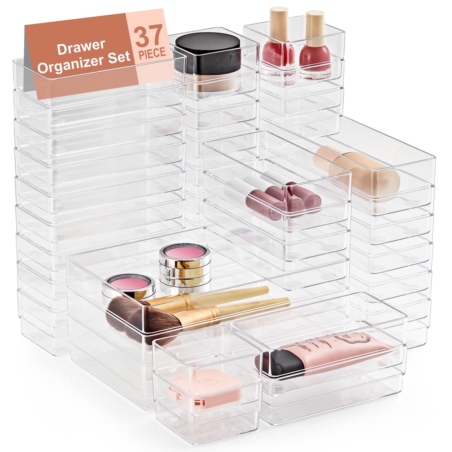 SMARTAKE 37-Piece Drawer Organizer with Non-Slip Silicone Pads, 4-Size Desk Drawer Organizer Trays Storage Tray for Makeup, Jewelries, Utensils in Bedroom Dresser, Office and Kitchen (Clear)