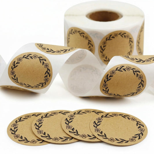500PCS Kraft Paper Labels, 1.5" Round Floral Stickers for Packaging